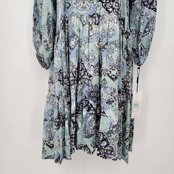 NEW Calvin Klein Women's‎ Floral Geo Print Blouson Puff Sleeve A Line Dress Blue - Picture 12 of 14